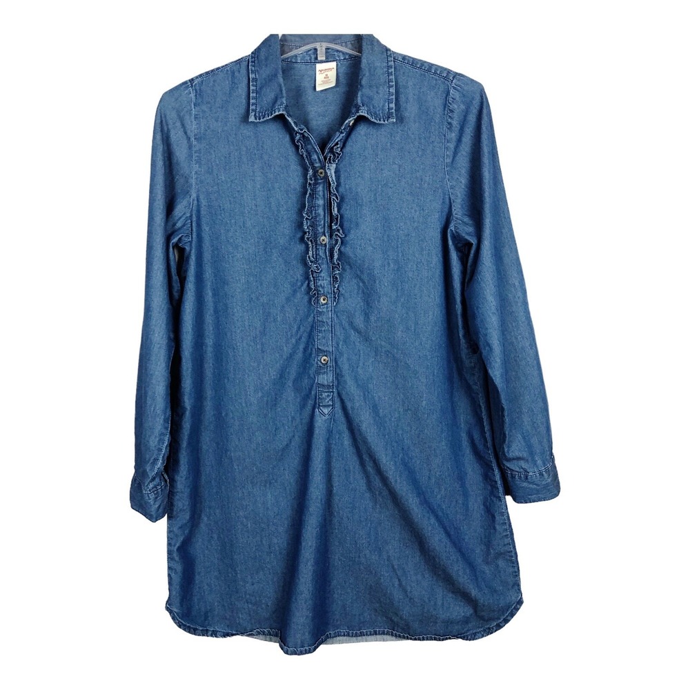 Arizona Big Girls Sz 16 Blue Chambray Long Sleeve Popover Ruffle Bodice Dress